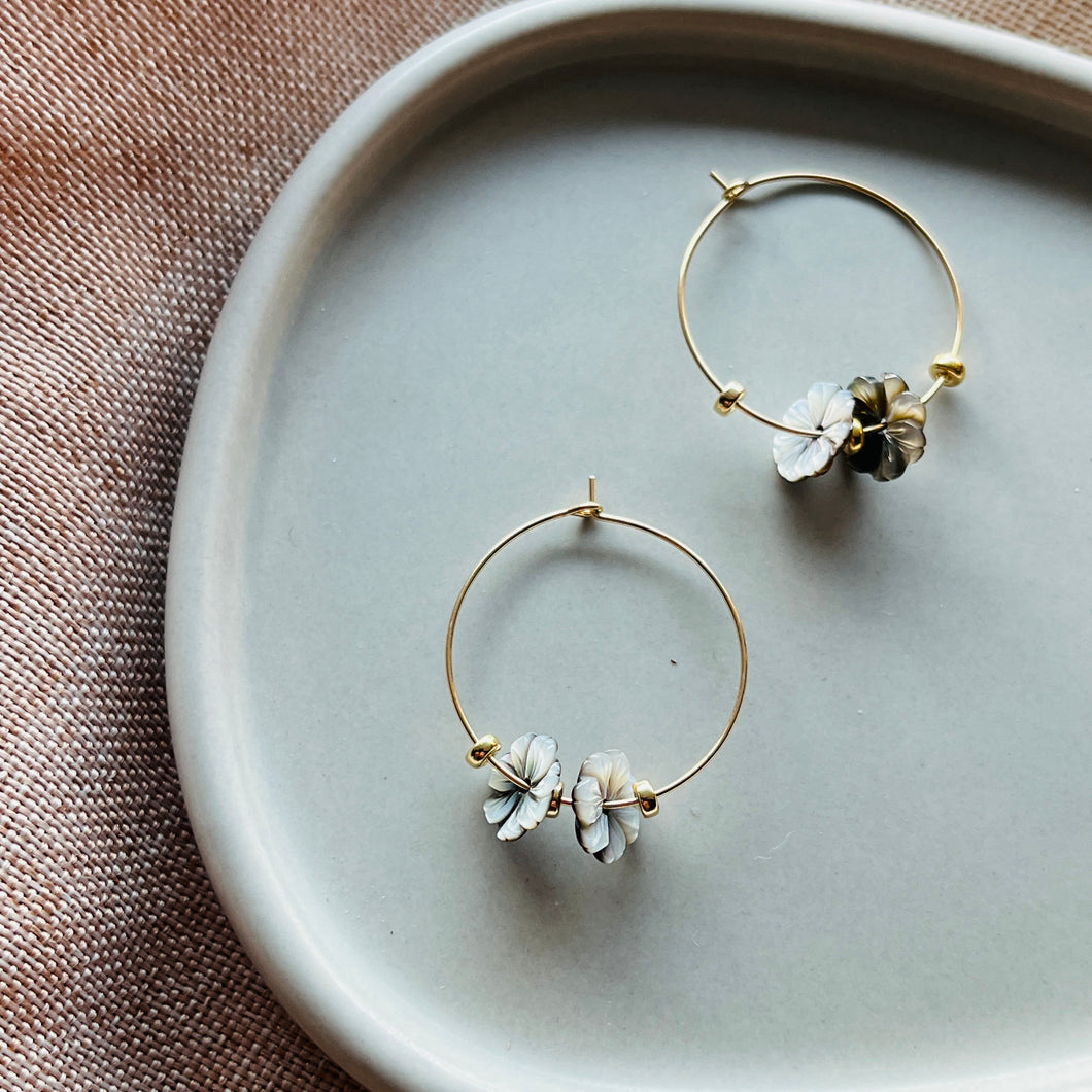 MOP SHELL FLOWER HOOP EARRINGS