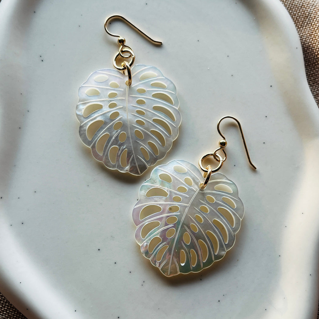 MOP SHELL MONSTERA LEAF EARRINGS